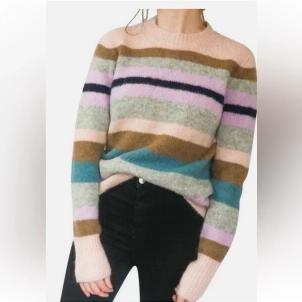 J Crew Point Sur Alpaca Wool Sweater Pink Rainbow Striped Crew Neck Soft Small